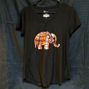 A black T-shirt with a pink elephant